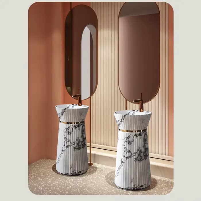 Lavabo sur pied fin effet marbre, lavabo autoportant moderne et minimaliste pour hôtel, maison, salle de bain RS22019