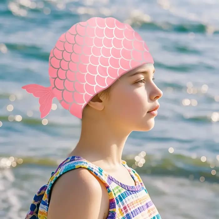 Bonnet de bain imperméable avec queue de poisson pour enfants