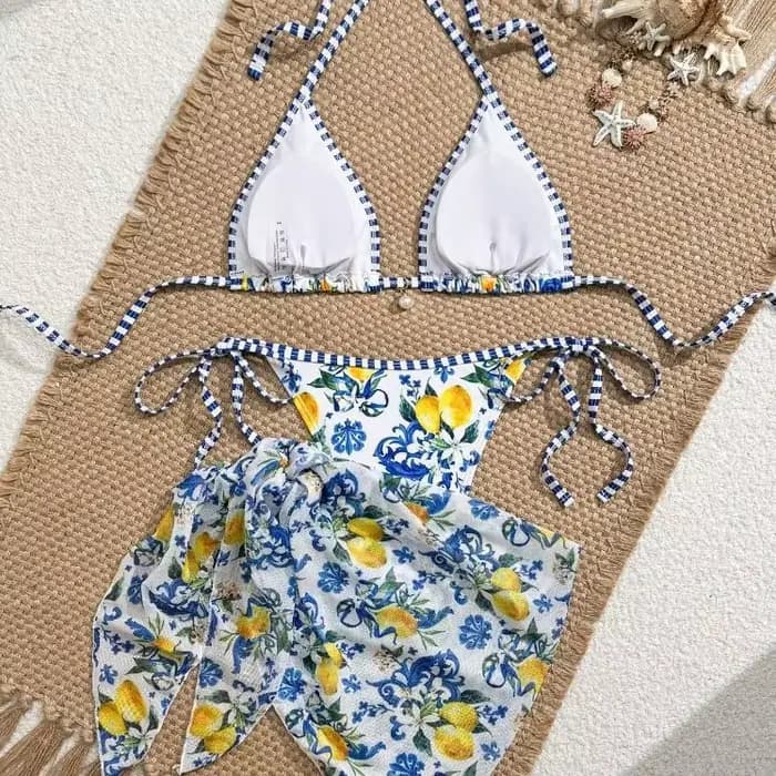 Maillot de bain bikini sexy trois pièces thème citron 2026 pour la plage et les sources chaudes – Polyester et élasthanne de haute qualité