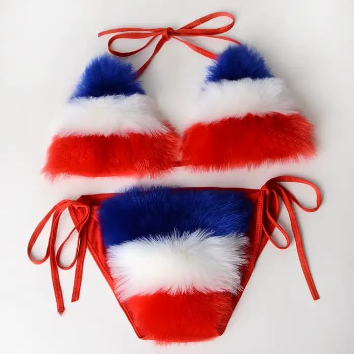 Arc-en-ciel rayé femmes en peluche fourrure Bikinis ensemble maillot de bain sport fausse fourrure de renard deux pièces maillot de bain pour femme soutien-gorge sous-vêtements ensembles maillots de b