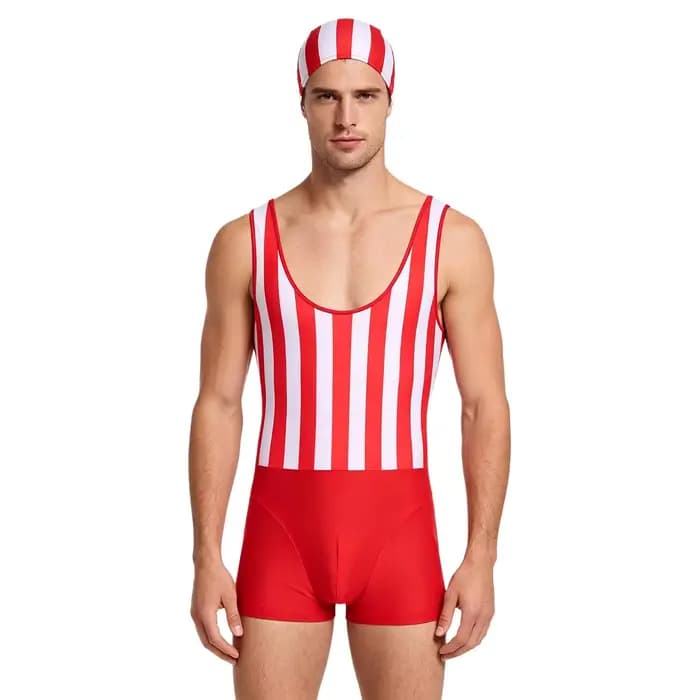 Maillot de bain à séchage rapide pour hommes, avec bonnet de bain, justaucorps sans manches, une pièce rayée, pour le surf, la plage, la piscine