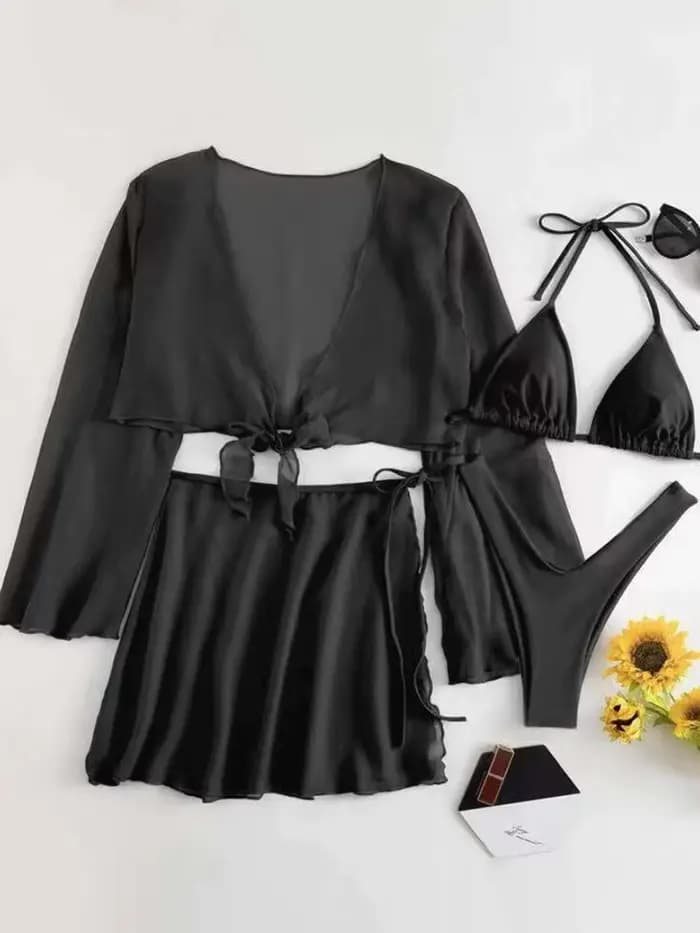 Ensemble de 4 bikinis string 2026 pour femmes avec haut et robe, maillot de bain noir, maillot de bain halter pour femme, vêtements de plage, maillot de bain, tenue de bain d'été