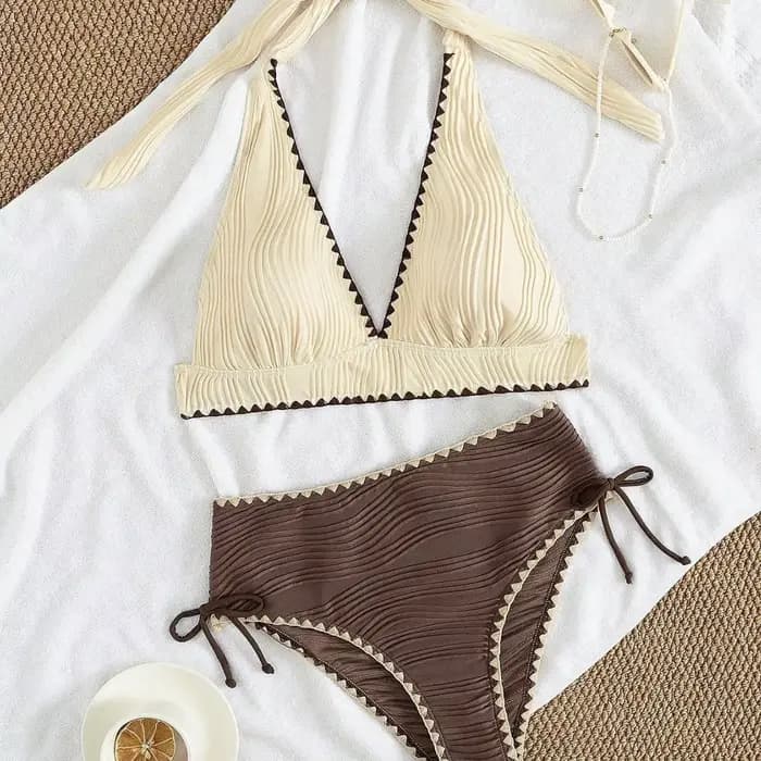 2026 Sexy kaki Patchwork deux pièces Bikini ensemble femmes Push Up cordon côté taille haute maillot de bain vacances