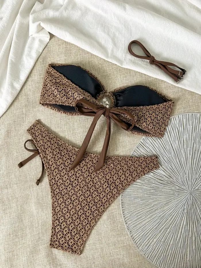 Ensemble bikini bandeau sexy pour femme, marron, avec chaîne métallique, soutien-gorge push-up et string à cordon, maillot de bain micro été 2026