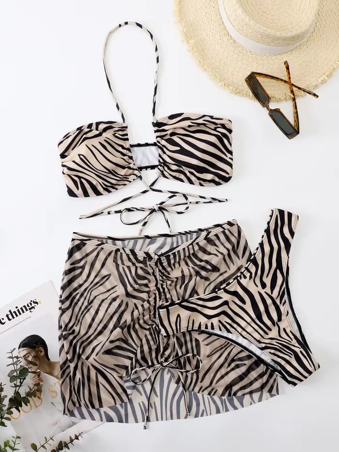 Ensemble de 3 bikinis à rayures zébrées pour femmes, maillot de bain à lacets, jupe de plage, maillot de bain 2026, maillot de bain rembourré pour femmes, vêtements de plage d'été