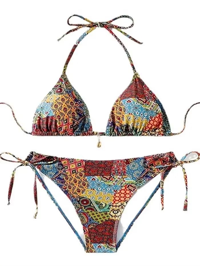 Bohème imprimé Bikinis licou String dos nu maillot de bain Push Up Bikini pendentif vacances maillots
