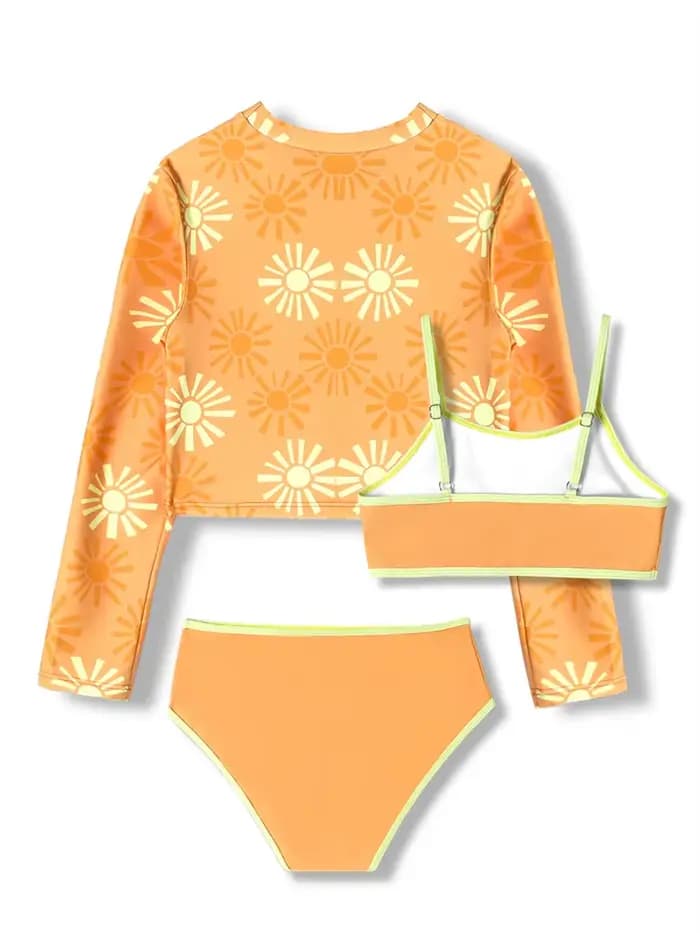 Maillot de bain bikini pour filles 2026, nouveau ensemble bikini imprimé jaune, maillot de bain pour enfants, manches longues, trois pièces, tenue de plage