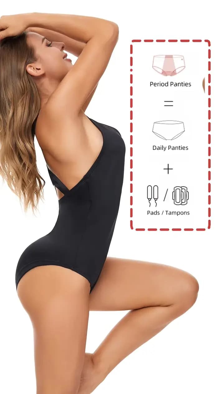 Maillot de bain menstruel une pièce, 4 couches, anti-fuites, absorbant, adapté aux post-partum et aux incontinences menstruelles.
