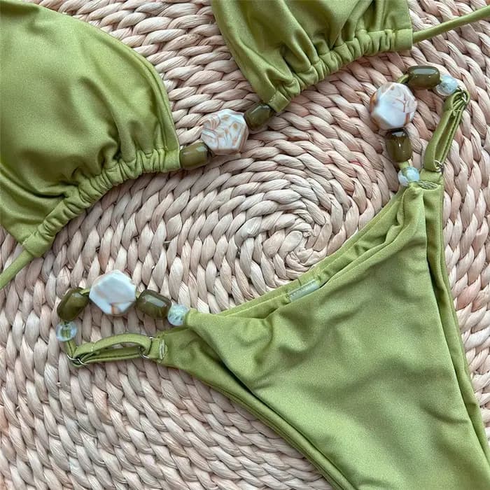 Maillots de bain vert uni Sexy licou Triangle perle String Bikini Mini Micro