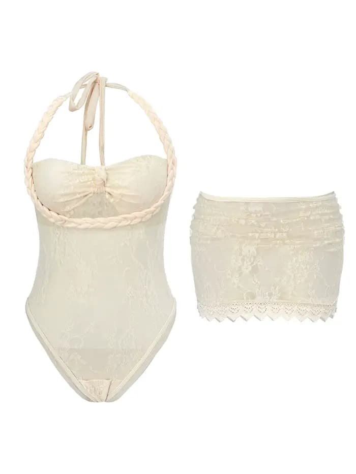 2025 Style dentelle licou femmes une pièce maillot de bain et jupe courte Sexy mode dame 2 pièces