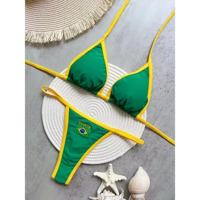 Broderie drapeau du brésil contraste fendu Bikini ensemble femmes maillots de bain Patchwork maillot de bain Hottie tenue SummerBeachwear