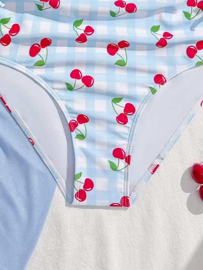 Maillot de bain une pièce pour filles, nouvelle collection 2026, motif bleu à carreaux et cerises, avec bretelles, maillot de bain pour enfants, tenue de plage estivale en maille, paréo de bain