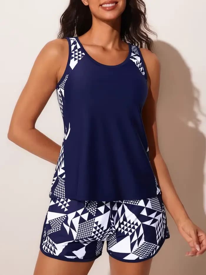 Maillot de bain deux pièces femme 2026 Nouveau imprimé uni cache-ventre Tankini d'été taille haute pour la plage