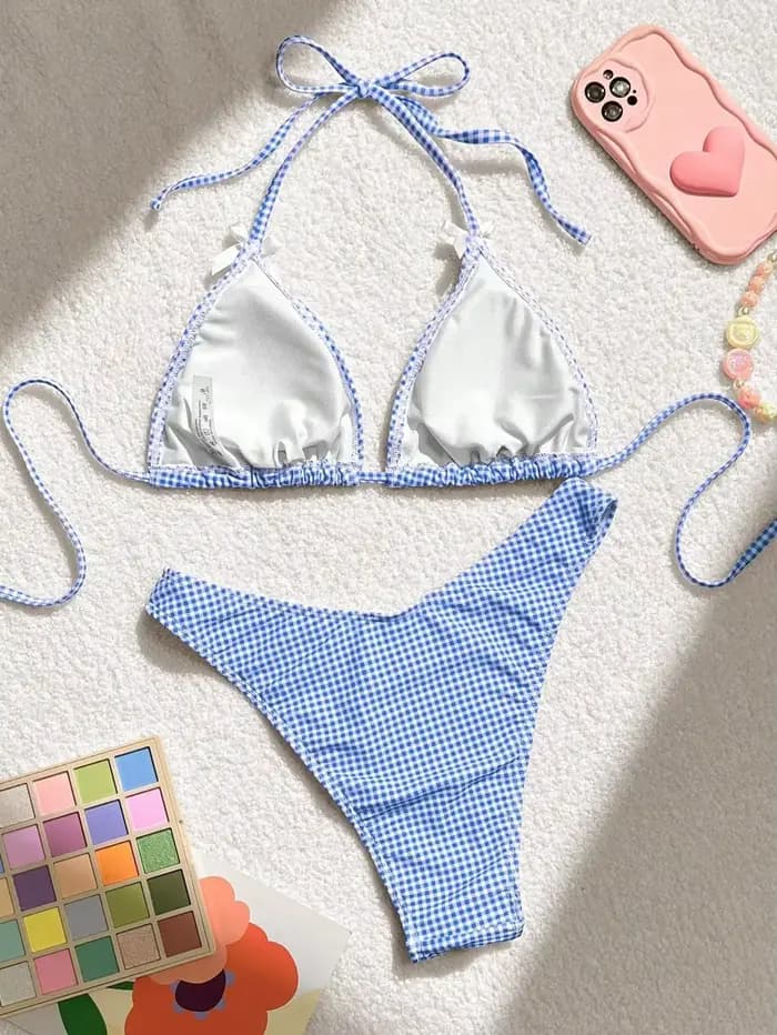 Maillot de bain deux pièces imprimé à carreaux bleus pour femmes, Sexy, bretelles avec nœud, dos nu, ensemble Bikini, taille haute, string, costume de plage, 2025