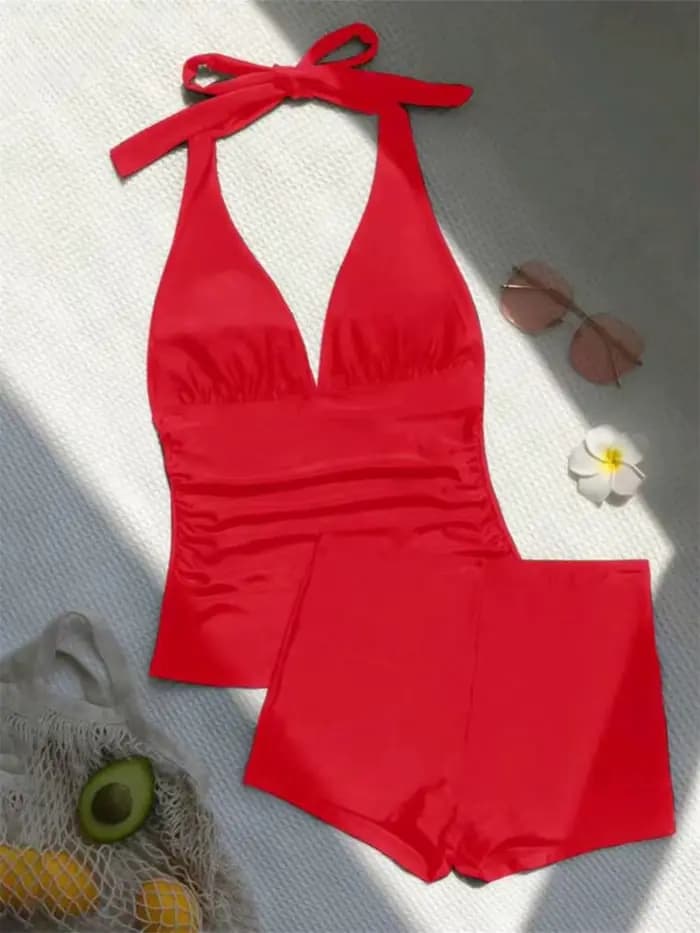 Maillot de bain deux pièces pour femmes, taille haute, col en v, dos nu, bandage, push up, vacances, plage, baigneur trempé