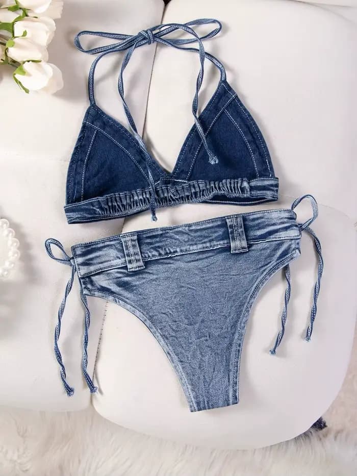 DEKA nouveau Sexy Denim Bikini ensemble plage costume fendu bleu maillot de bain été jean Shorts femme courte femmes deux pièces maillots de bain