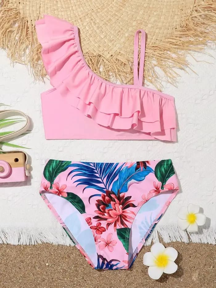 Maillot de bain imprimé floral pour filles, taille haute, bikini, ensemble deux pièces, pour la plage, pour enfants de 7 à 12 ans
