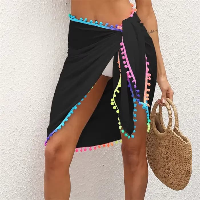 LAMUUSAA-Jupe de Plage Sexy en Maille Transparente pour Femme, Bikini avec Pompons Colorés, Sarong