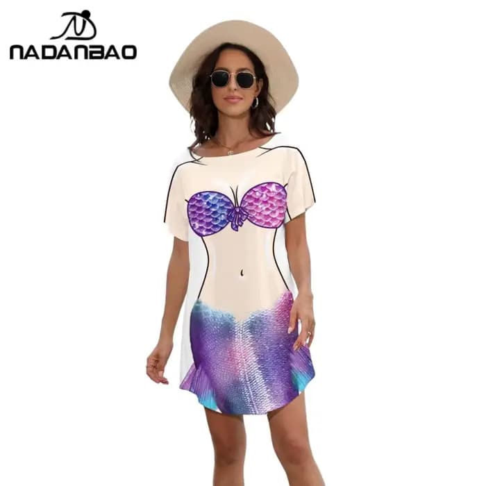 Nadanbao femmes sirène Bikini corps Pattrn T-shirt robe été Bikini couvrir robe à manches courtes Baggy chemises maillot de bain tendance