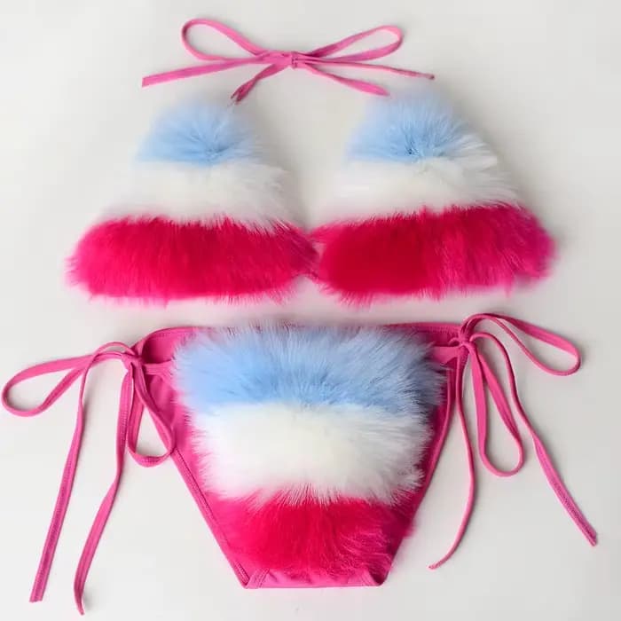 Arc-en-ciel rayé femmes en peluche fourrure Bikinis ensemble maillot de bain sport fausse fourrure de renard deux pièces maillot de bain pour femme soutien-gorge sous-vêtements ensembles maillots de b
