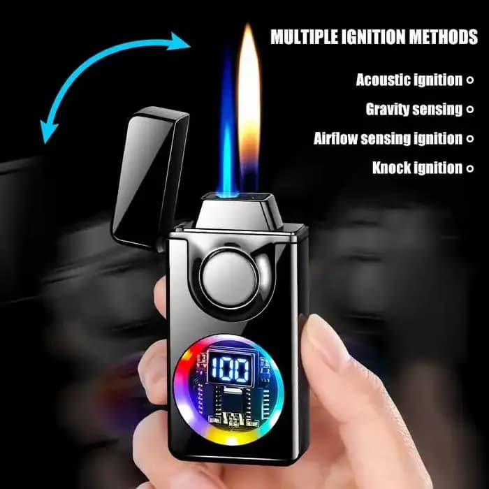 Briquet métallique à commande vocale – 4 Modes d'allumage par Induction, gonflable, résistant au vent/à la marée, allumeur à double flamme Rechargeable par USB