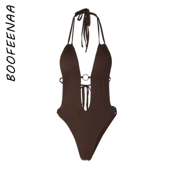 BOOFEENAA Combinaisons et maillots de bain une pièce sexy à col en V profond