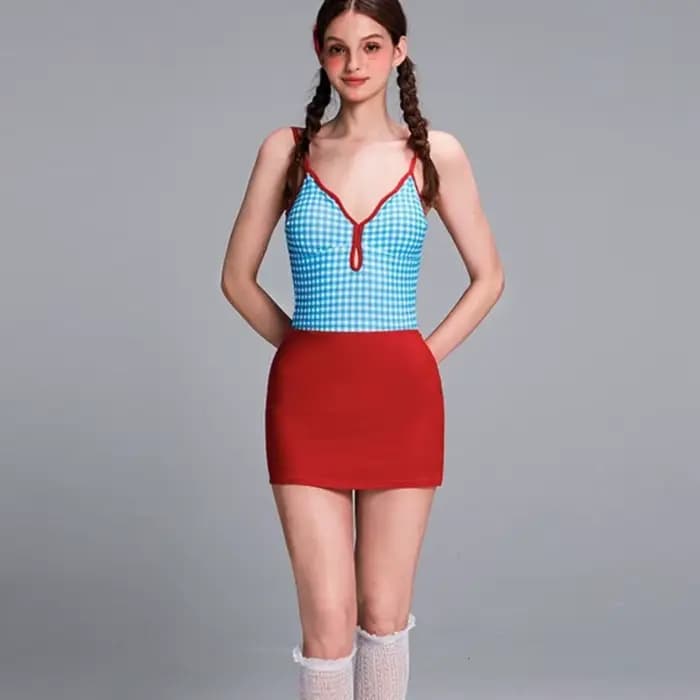 Maillot de bain amincissant à carreaux avec jupe à bords festonnés et dos nu