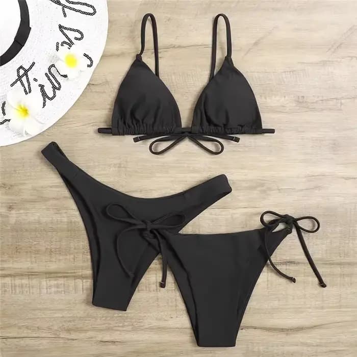 Ensemble bikini sexy 3 pièces pour femme - Maillot de bain triangle push-up à bandes bleu et violet