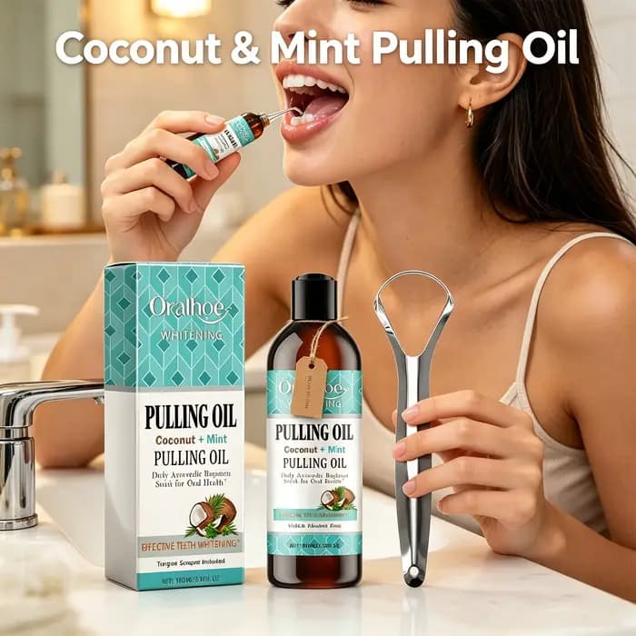 Huile de bain de bouche Coco Menthe pour l'huile pulling, haleine fraîche, éclaircissant, sans alcool, gratte-langue, nettoyage en profondeur, soin des gencives 100ml
