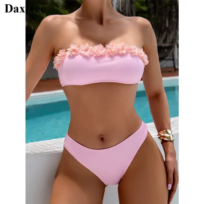 Maillot de bain rose imprimé floral pour femmes, ensemble deux pièces, bikini string, vêtements de plage