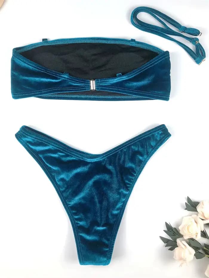 Vintage bleu Bikini velours maillot de bain femmes taille haute Bandeau Bikinis ensembles tenue de plage vacances maillots de bain maillot de bain
