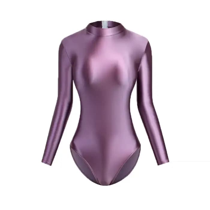 MJINM femmes soyeux brillant col haut dos fermeture éclair maillots de bain à manches longues une pièce