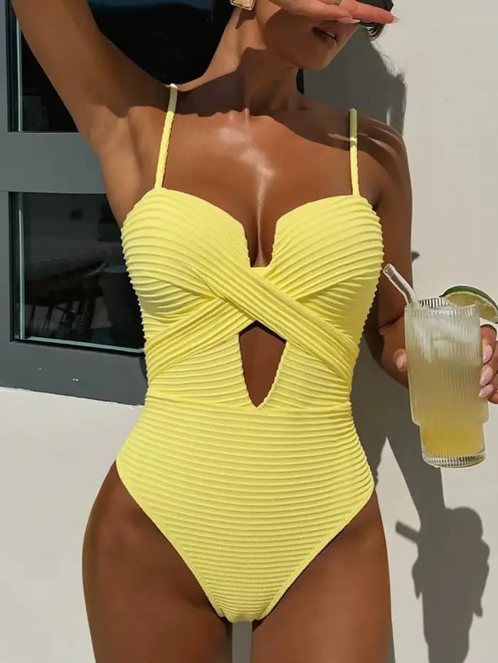 DEAK Sexy jaune évidé une pièce maillot de bain pour femmes maillot de bain croisé femme cordon body