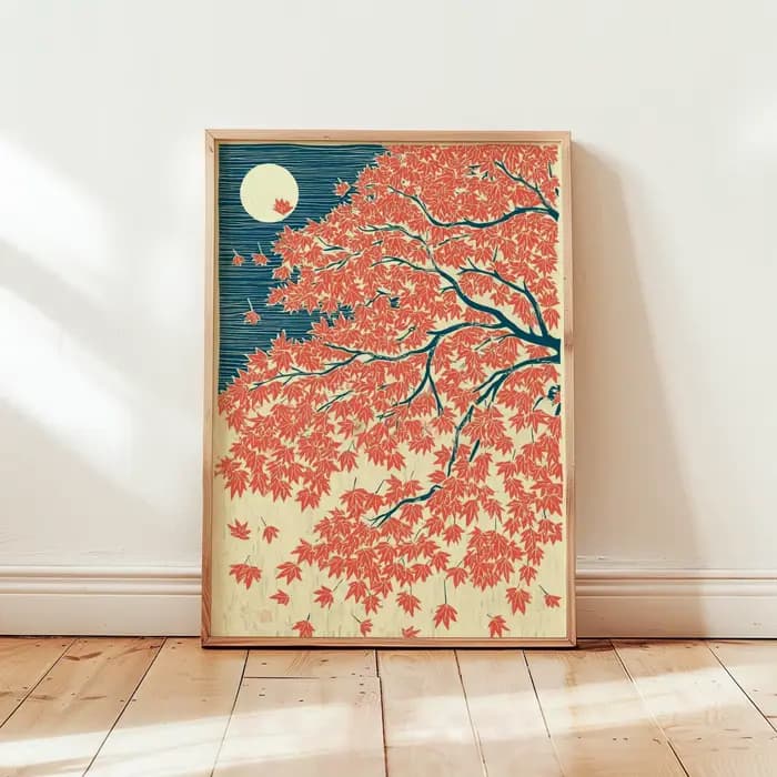 Affiche d'automne en érable japonais, art mural rouge et bleu, illustration de paysage au clair de l