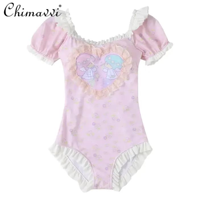 Maillot de bain japonais une pièce pour femmes, tenue sexy, manches bouffantes, imprimé dessin animé