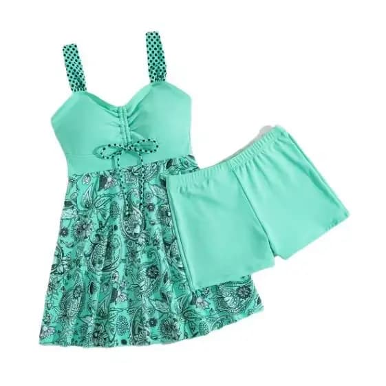 2025 Robe de bain modeste pour femmes Ensemble bikini Sexy Bleu Floral Maillot de bain deux pièces a