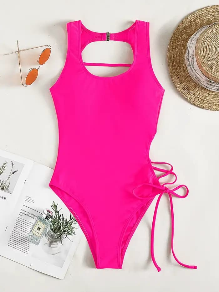 Maillot de bain une pièce 2026 imprimé avec lacets au dos, uni, rembourré, pour femme, tenue de plag