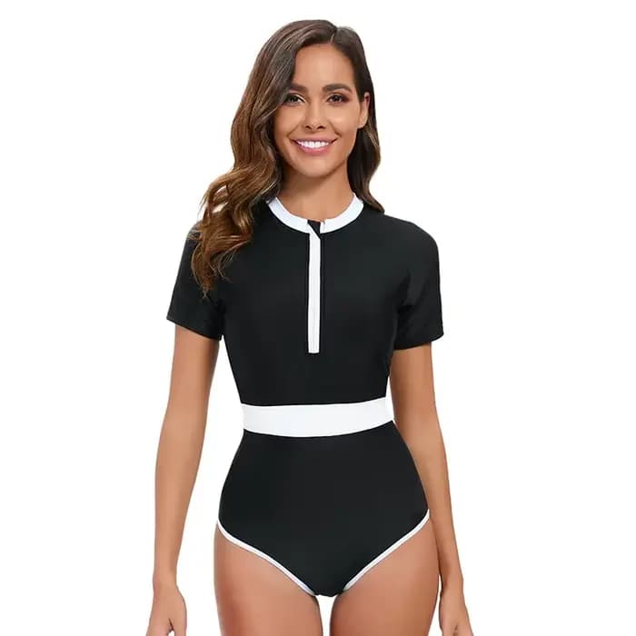 Maillot de bain une pièce noir et blanc pour femmes, combinaison de Surf à manches courtes avec jamb