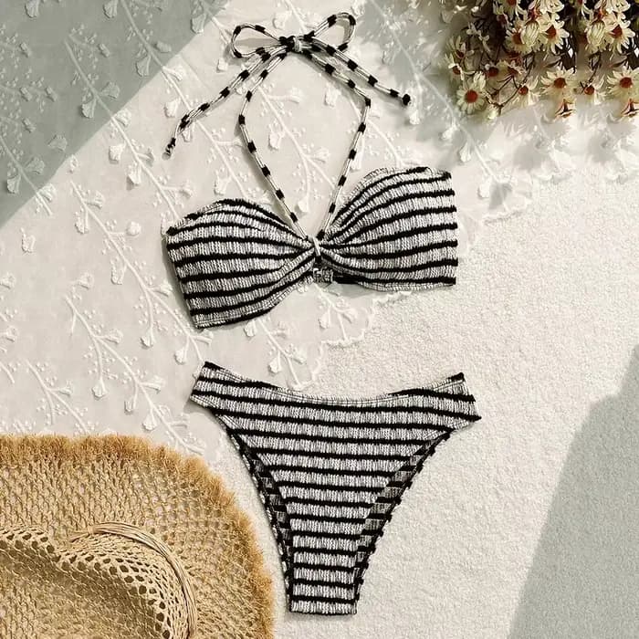 Ensembles de bikinis bandeau à imprimé rayé et à nouer, maillot de bain sexy froncé pour femme, styl