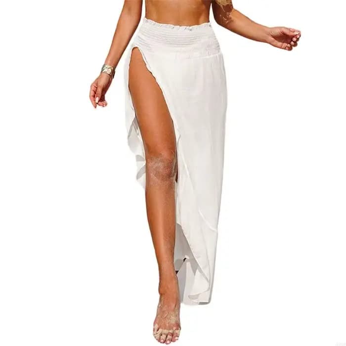Jupe couverture maillot bain pour femmes, avec taille élastique, fente latérale, robe plage à volant