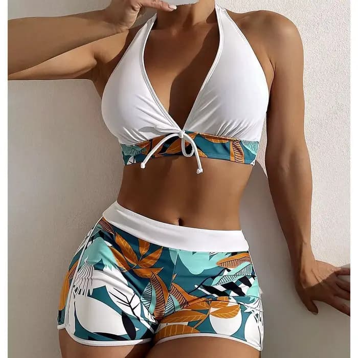 Ensemble de bikini halter pour femme, maillot de bain court taille haute imprimé, tenue de plage