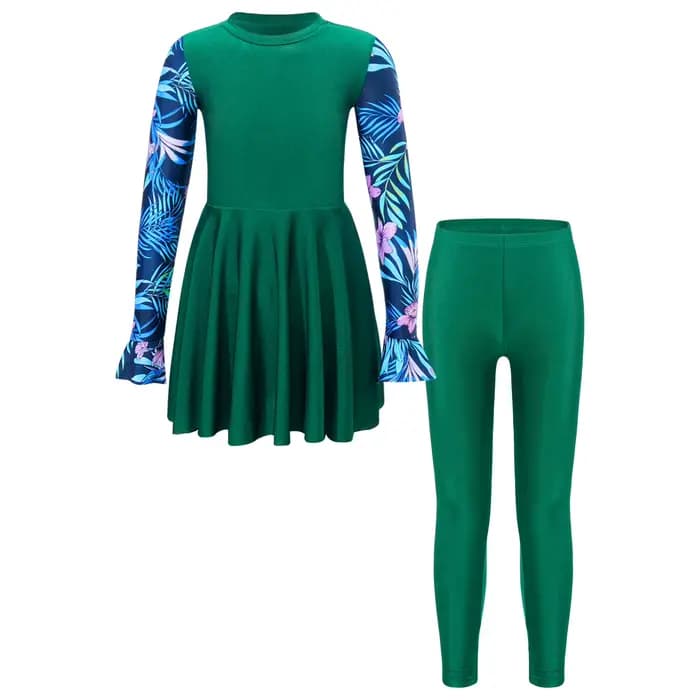 Maillot de bain deux pièces pour enfants, manches longues, imprimé floral, robe avec pantalon, prote