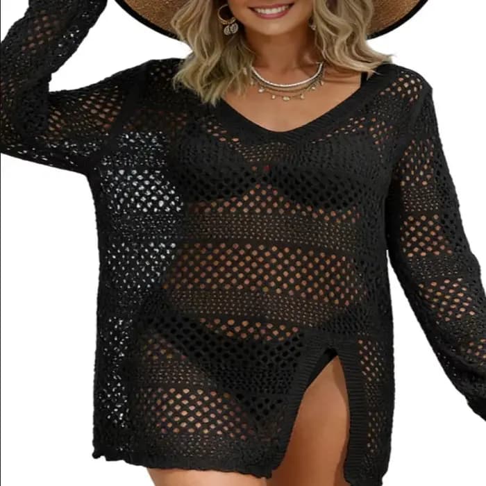 Robe de plage en maille crochetée pour femme, cache-maillot de bain, pull en tricot