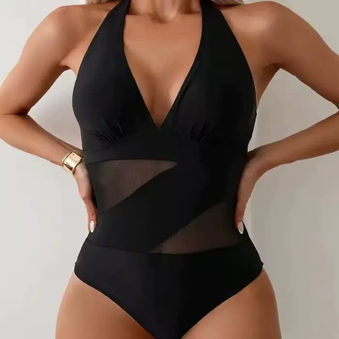 Maillot de bain une pièce froncé à col licou 2026 pour femme, sexy, en maille noire, pour la plage