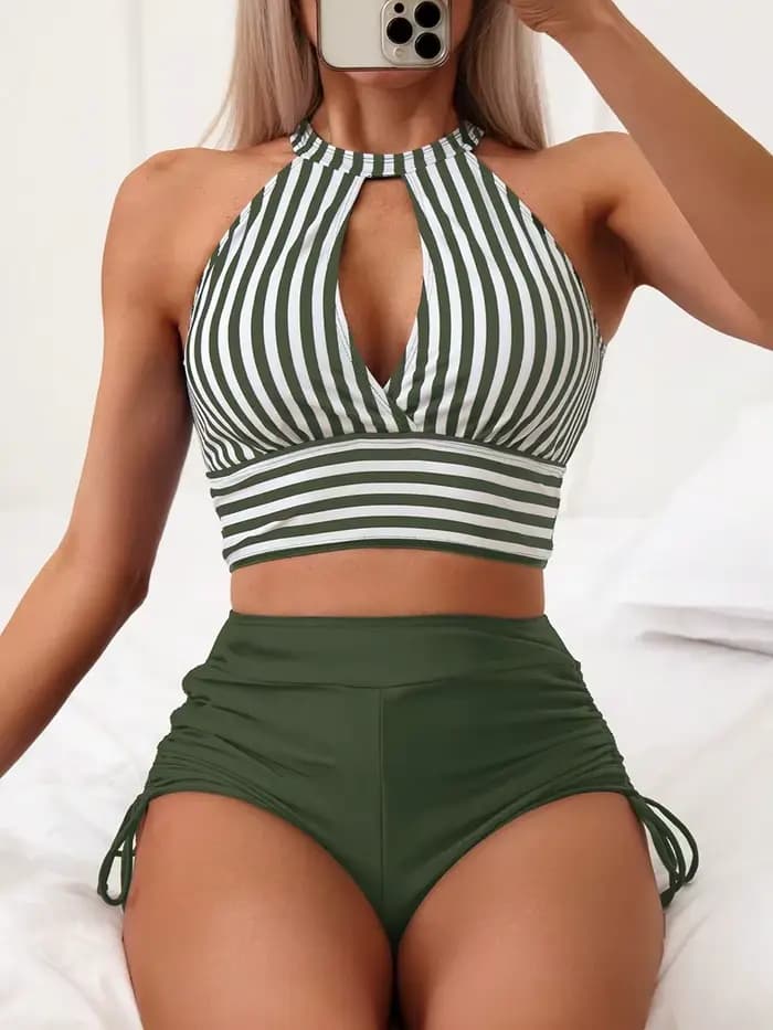 2026 Maillot de bain bikini femme à rayures, dos nu et taille haute, avec découpes, pour la plage