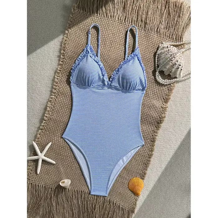 Vintage bleu ciel rayé une pièce maillot de bain 2026 femmes licou col en V mince ventre contrôle ma