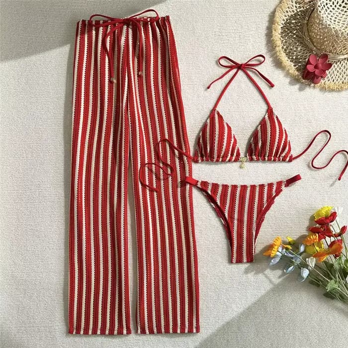 Maillot de bain trois pièces pour femme, ensemble bikini brésilien à rayures avec pantalon, maillot