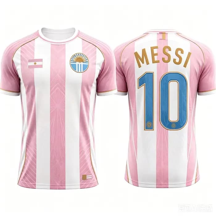 Maillot de football Messi n°10 Argentine, drapeau soleil, rose, blanc, à rayures verticales, imprimé
