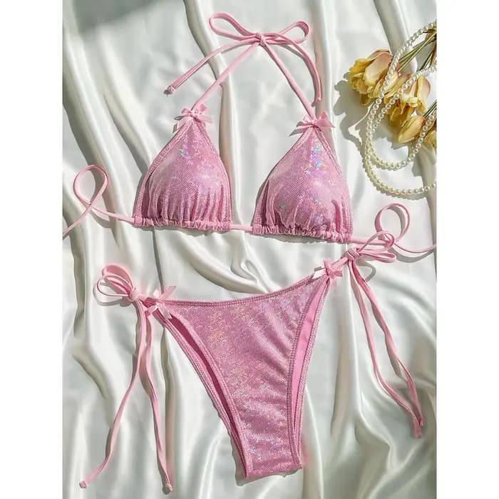 Maillot de bain femme deux pièces à paillettes scintillantes, style halter avec nœud, coupe haute