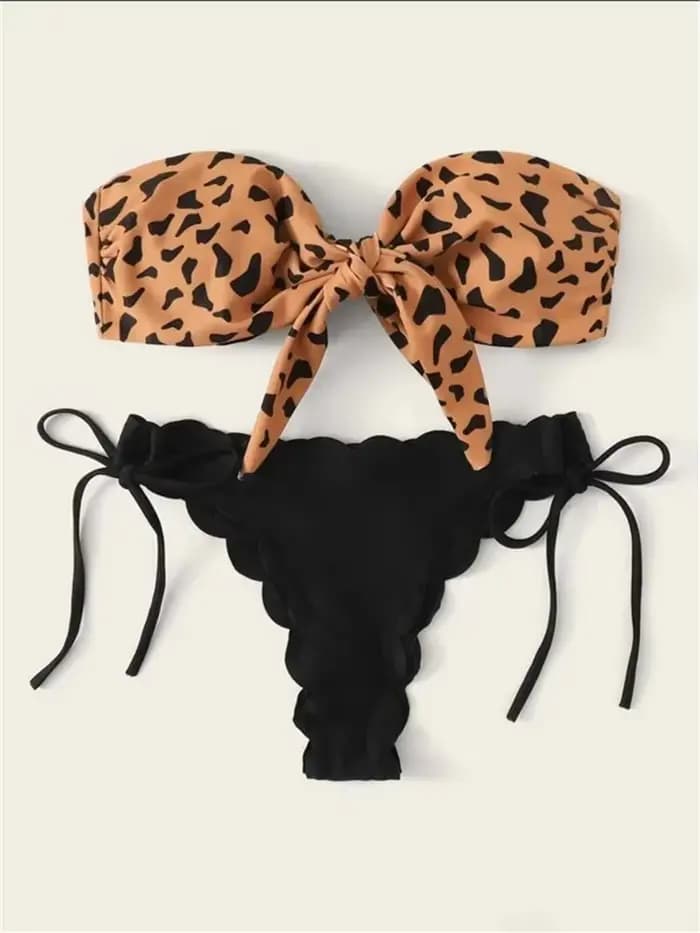 Maillot de bain femme 2026 sexy, style bikini bandeau, imprimé léopard, avec laçage frontal, push-up